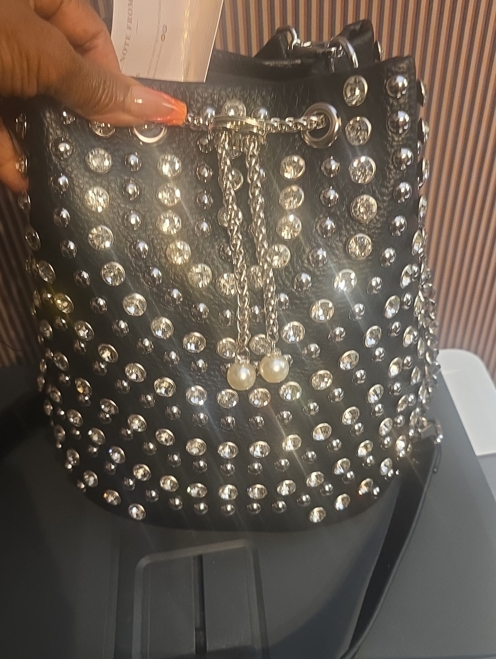 Black Studded Bucket Bag with Chain Drawstring - Picture 3 of 8